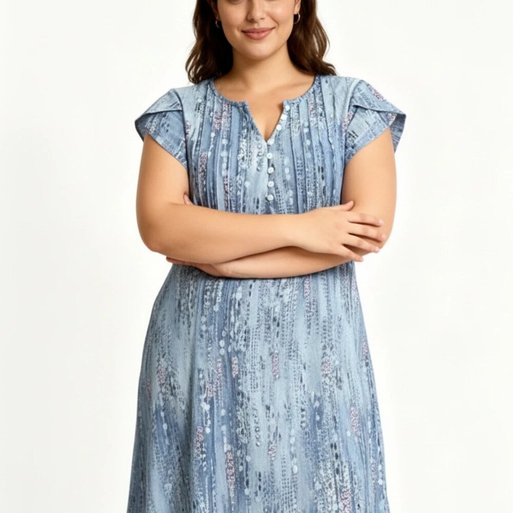 Disamer Blue Printed Button-Front Dress — Short Sleeve A-Line - Size Small - Picture 3 of 5